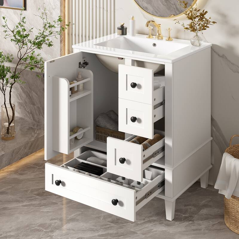 24 Inch Single Sink Bathroom Vanity, Integrated Ceramic Basin Bathroom Storage Cabinet