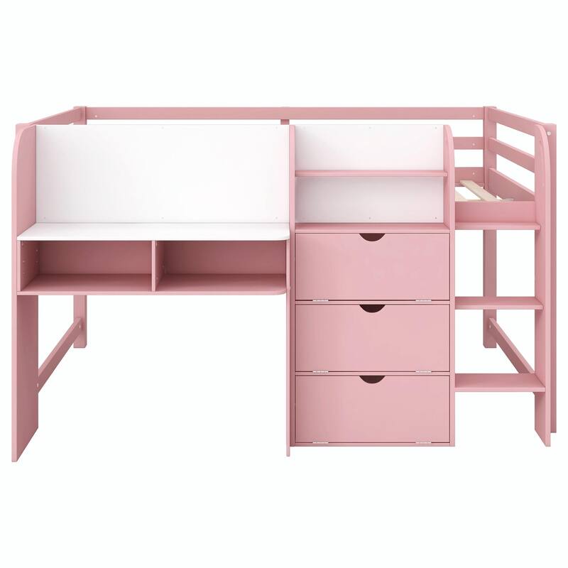 Full Size Low Loft Bed with Built-in Desk, Storage Cabinets, Open Bookcase, and Whiteboard for Graffiti