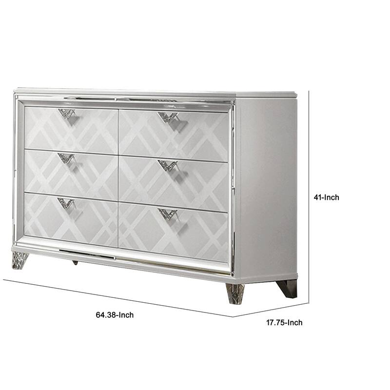 Beli 64 Inch 6 Drawer Wide Dresser Chest, Carved Acrylic Feet, Crisp White