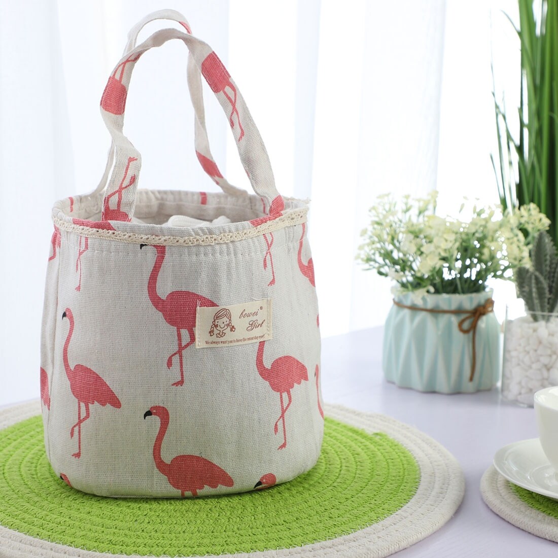 Cotton Linen Rectangle Lunch Tote Bag Dinner Insulated Pouch Bag
