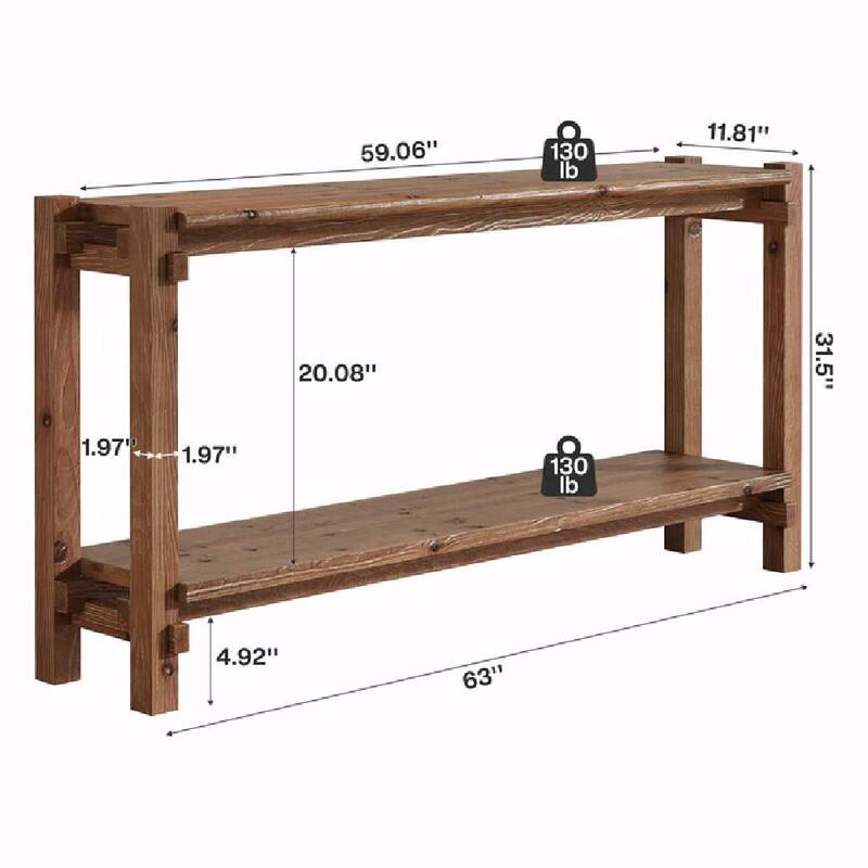 63" Solid Wood Rustic Console Table with Dual Shelves and Sturdy Legs