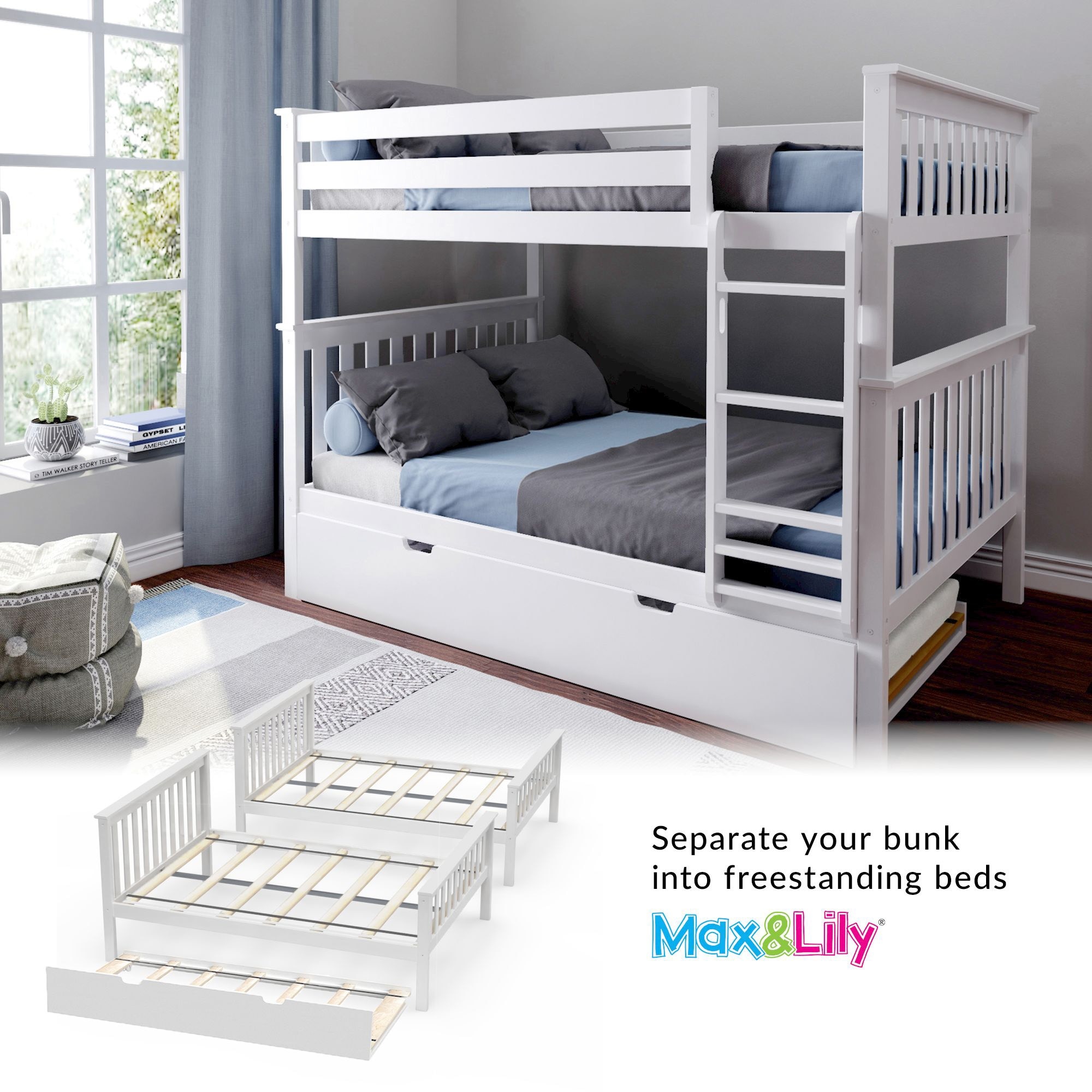 Max and Lily Full over Full Bunk Bed with Trundle Bed On Sale
