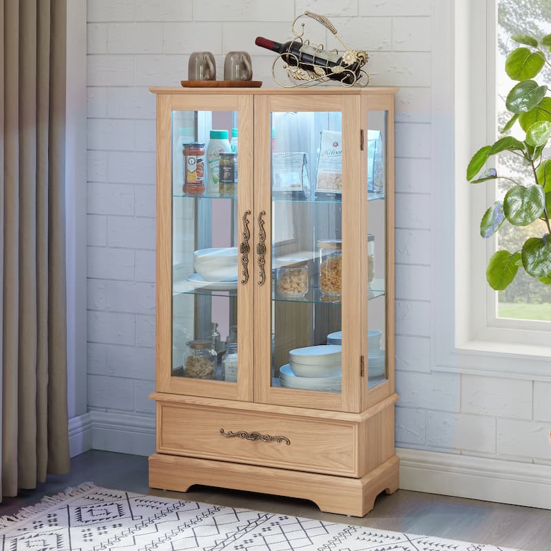 GDF Studio - Lighted Curio Cabinet with Adjustable Shelves and Built-In Drawer.