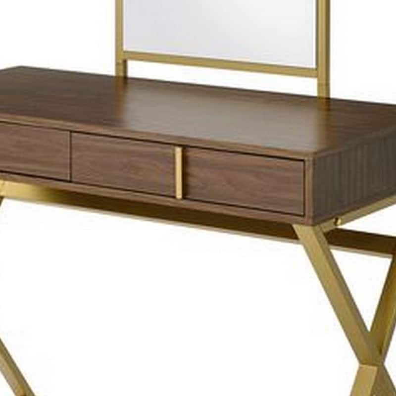 50 Inch Classic Arched Mirror Vanity Desk, Wood, X Metal Frame, Brown, Gold