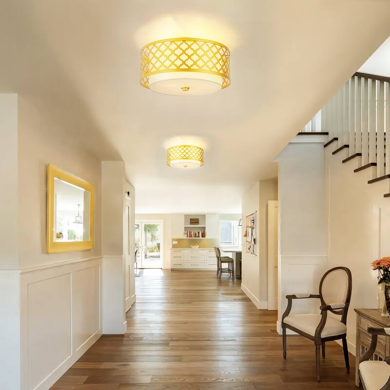 3-light Modern Gold Cylinder Drum Fabric Semi-Flush Mount Light - 17.7 in. W x 9.7 in. H