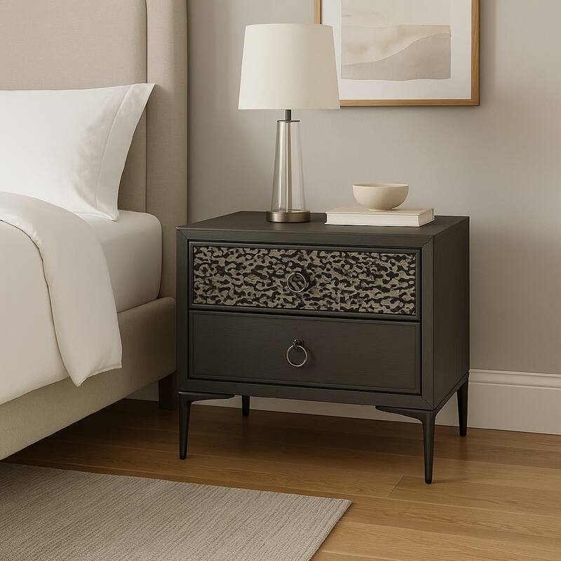 Kaira Nightstand, 2 USB Ports, Textured Metal Accents, Espresso Brown