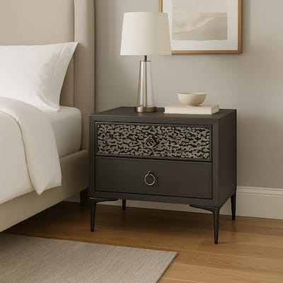 Kaira Nightstand, 2 USB Ports, Textured Metal Accents, Espresso Brown
