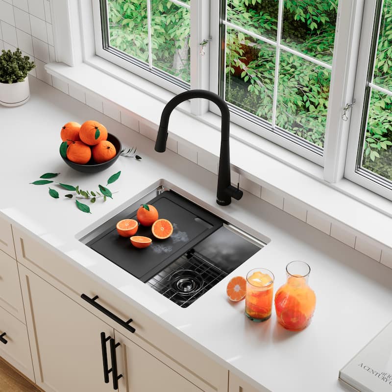 STYLISH 22 inches Workstation Single Bowl Undermount 16 Gauge Stainless Steel Kitchen Sink with Built in Accessories Handmade