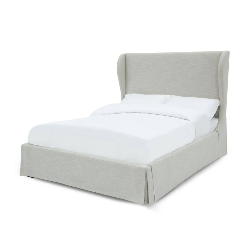 Shia Upholstered Queen Size Skirted Panel Bed with Wing Headboard, Beige