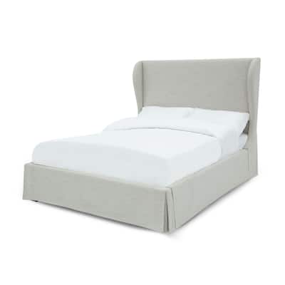 Shia Upholstered Queen Size Skirted Panel Bed with Wing Headboard, Beige