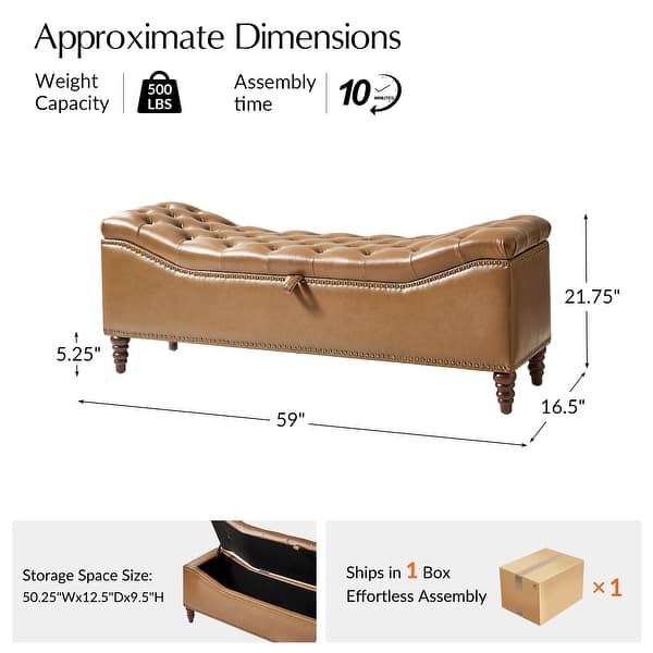 dimension image slide 3 of 4, Zona 59"W Traditional Faux Leather Tufted Upholstered Storage Bench With Soild Wood Legs and Nailhead Trim By HULALA HOME