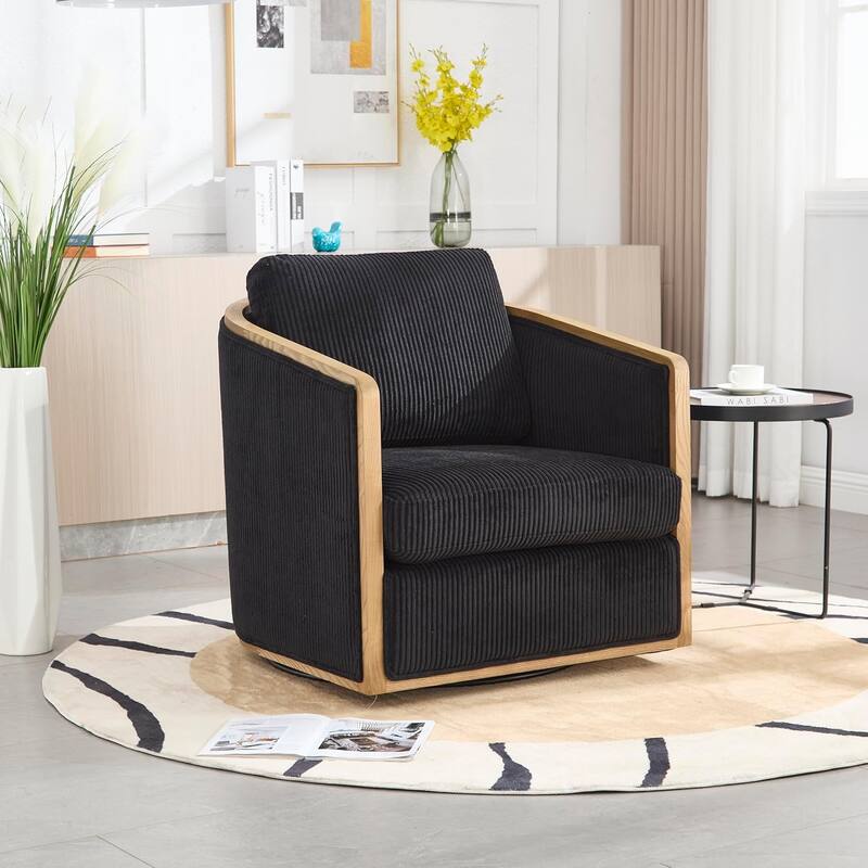Roomfitters Modern Corduroy Swivel Barrel Chair, 360 Lounge Club Chair with Deep Seat for Living Room or Office - Black