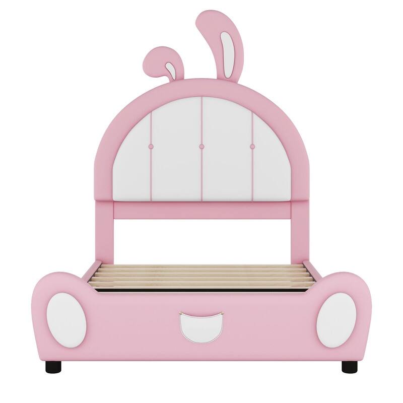 Twin Size Upholstered Platform Bed with Ribbit Shaped Headboard, Cute Animal Shaped Bed Frame with Bed End Storage Pocket