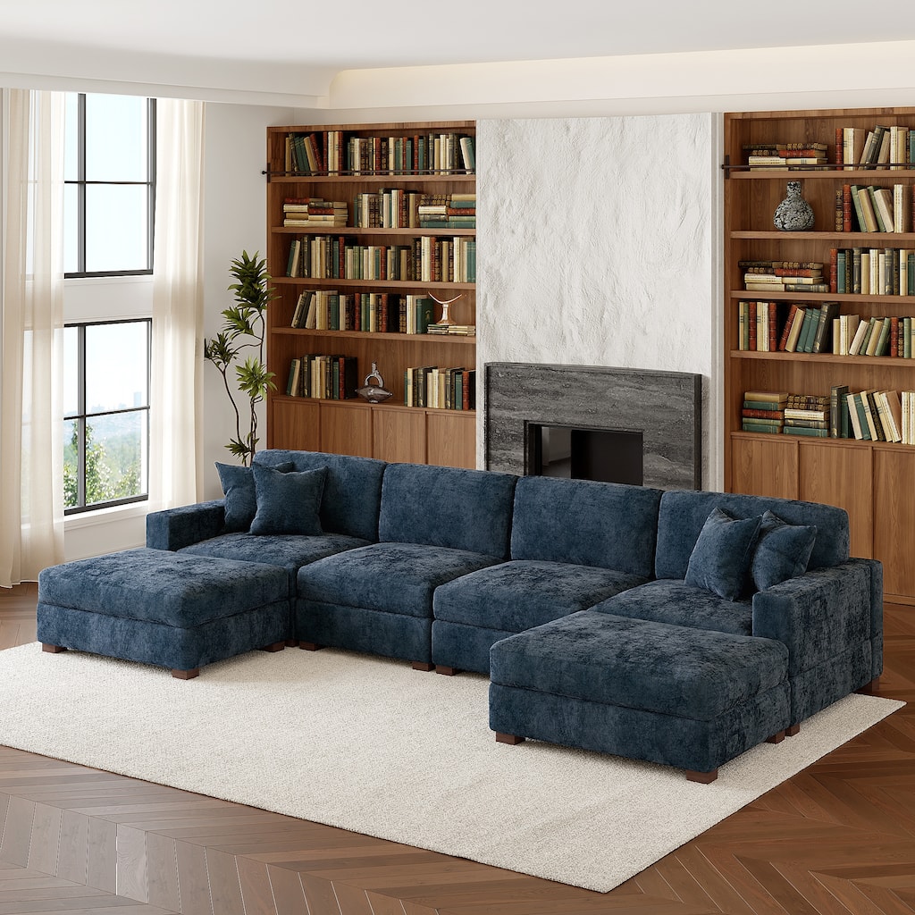 Oversized Chenille Modular Sectional Sofa Conversation Set with 2 Ottomans