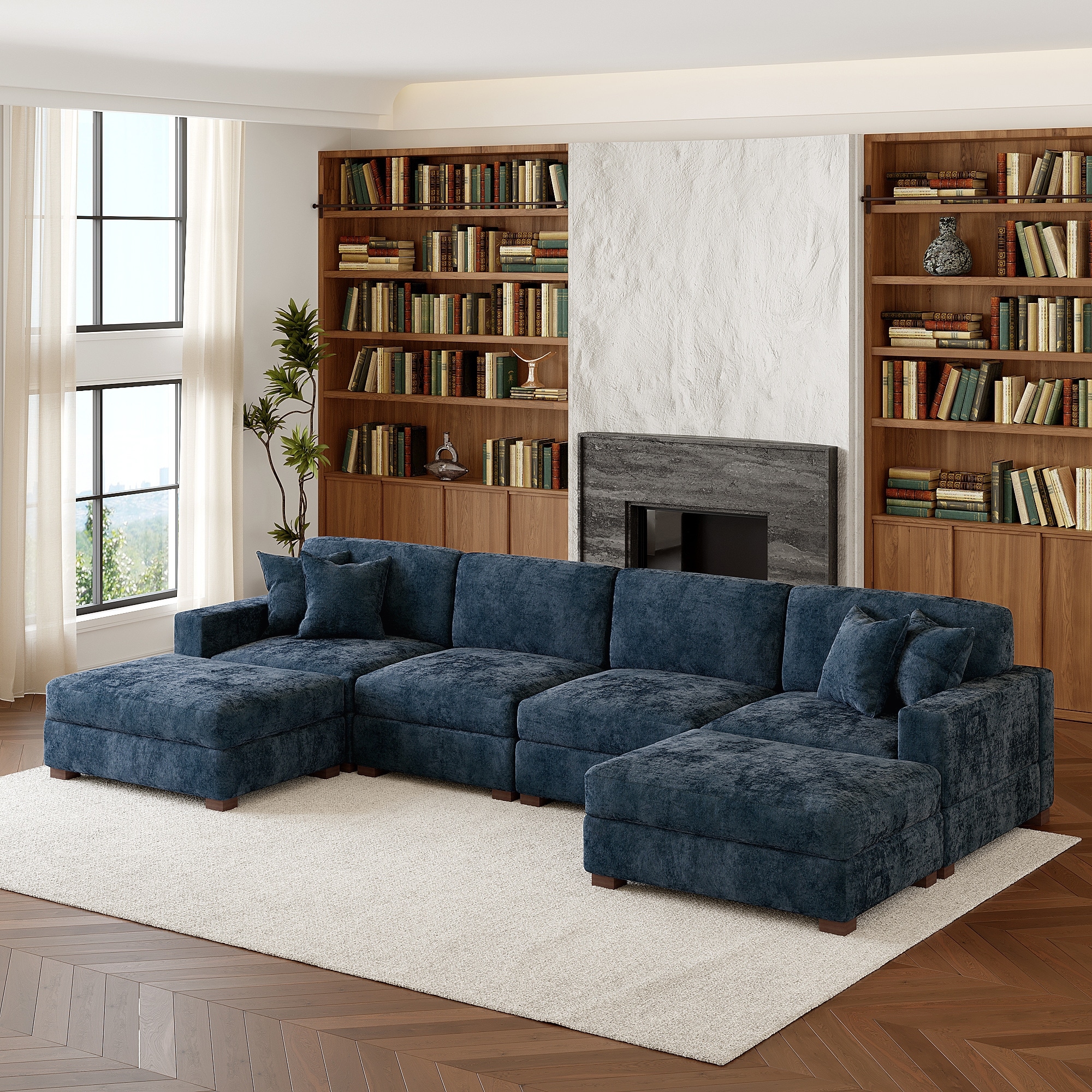 Oversized Chenille Modular Sectional Sofa Conversation Set with 2 Ottomans