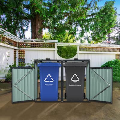 Garbage Bin Shed Stores 2 Trash Cans Metal Outdoor Bin Shed for Garbage Storage