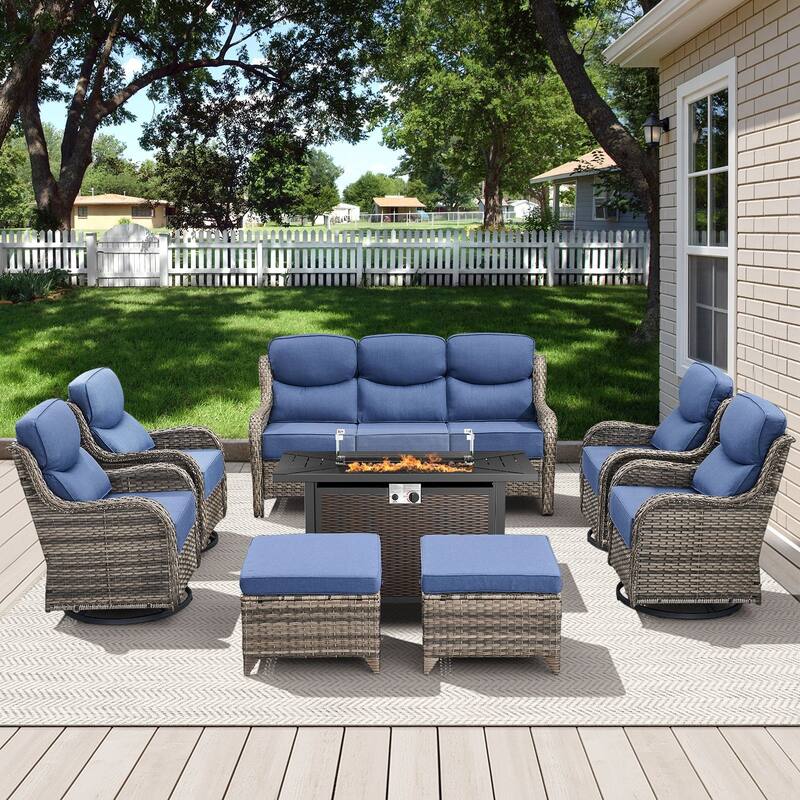Arcadia 8-Piece PE Wicker Patio Seating Set with Durable All-Iron Fire Pit and 6-Inch Cushions