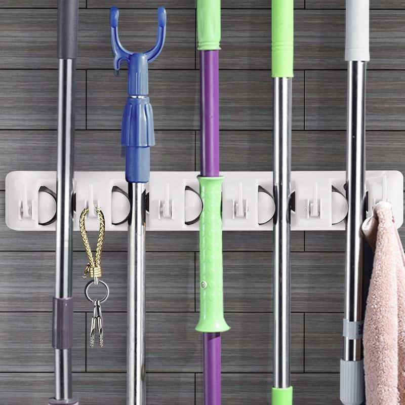 Wall Mounted Broom Mop Holder with 5 Slots and 6 Hooks ABS Organizer for Garage Kitchen Laundry