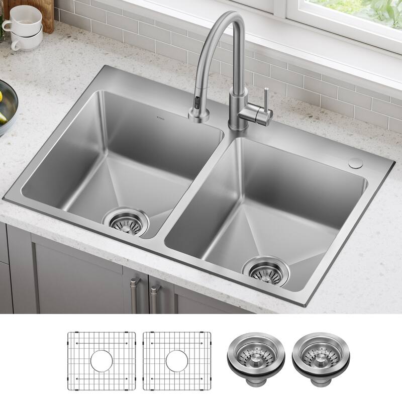 KRAUS Fairlane Drop In Top Mount 18 Gauge Stainless Steel Kitchen Sink - 33" x 22" Double Bowl 50/50 split