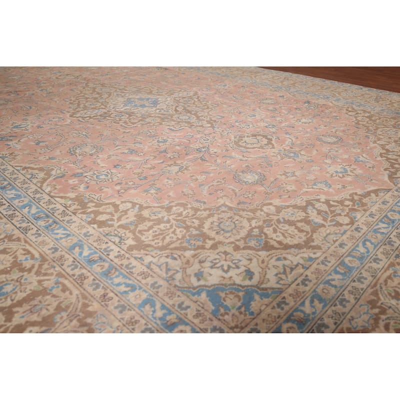 Distressed Mashad Persian Vintage Rug Hand-Knotted Pink Wool Carpet - 9'7"x 12'10"