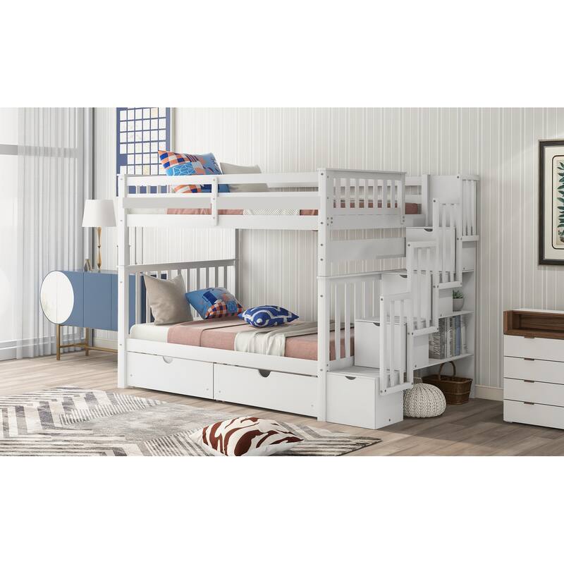 Full Over Full Bunk Bed with Shelves and 6 Drawers, White