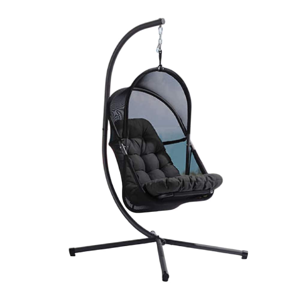 Bery Outdoor Swing Chair with Foldable Stand, Coastal Black Cushion