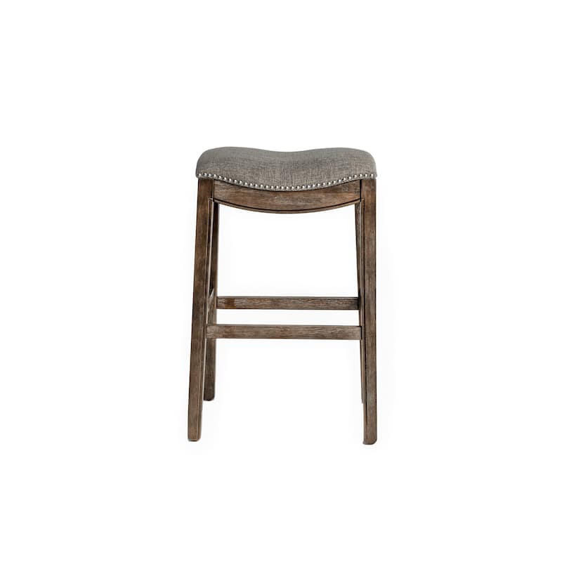 HomeRoots 31" Gray and Brown Fabric and Solid Wood Backless Bar Height Bar Chair