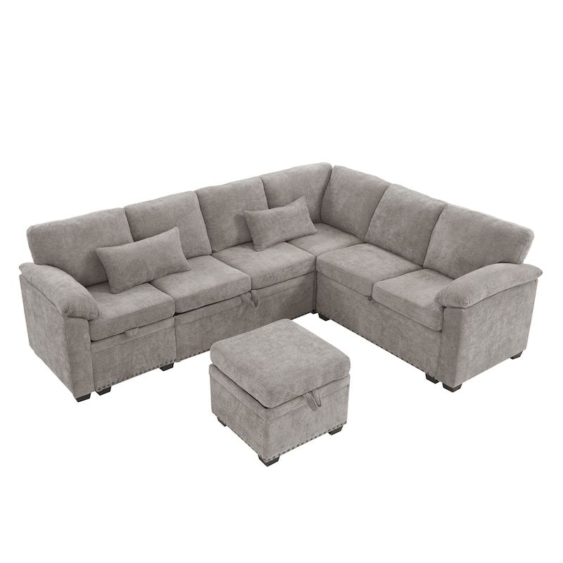 L-Shaped Chenille Sectional Sofa with Pull-Out Bed, Upholstered Convertible 7-Seater Sofa with Storage Ottoman & 2 Pillows