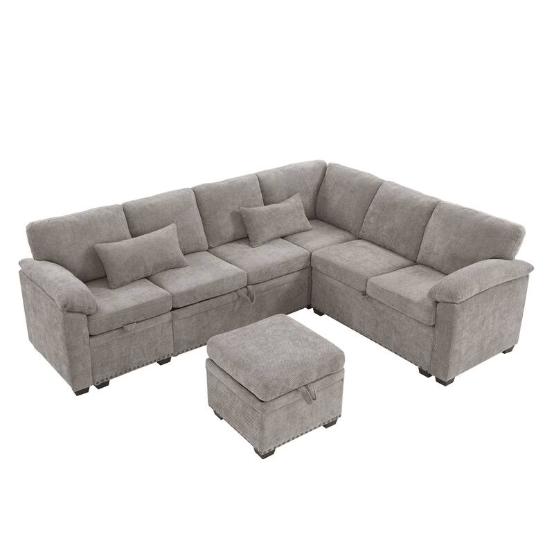 L-Shaped Corner Sectional Sofa with Seat and Storage Ottoman, Chenille Sofa Bed with 2 Pillows for Living Room Sleeper Couch