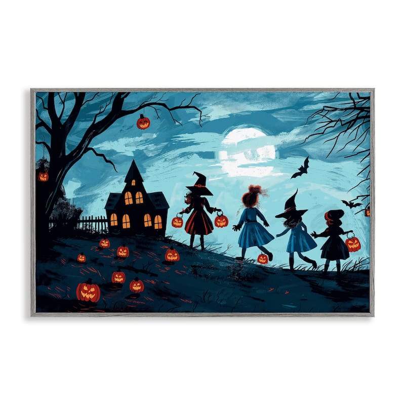 Stupell Witch Trick Or Treaters Framed Giclee Art Design By Wumples - 24 x 16 - Grey