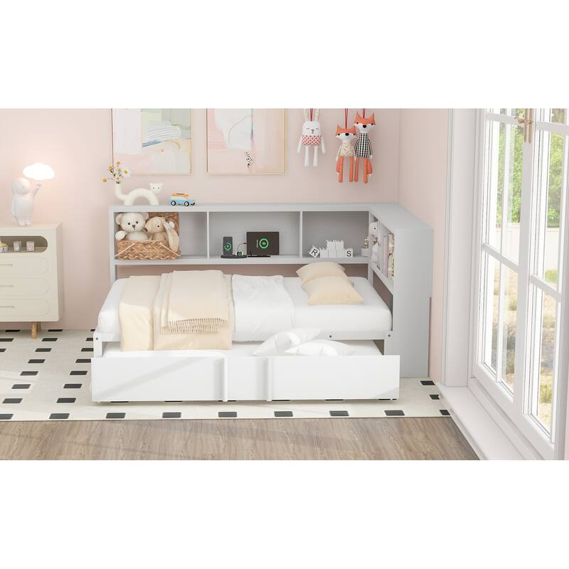 Roomfitters Metal Full Size Daybed with Trundle, Storage Cabinets and USB Port Charging Hub