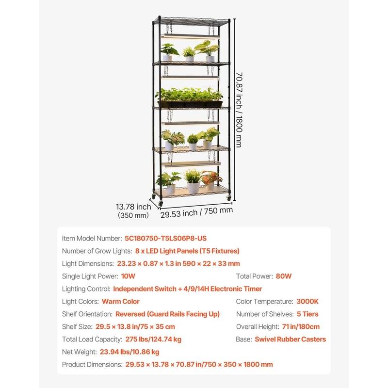 Black Metal 5-Tier Indoor Plant Stand with 8 LED Grow Lights and Timer, 71-Inch Adjustable Shelves on Wheels