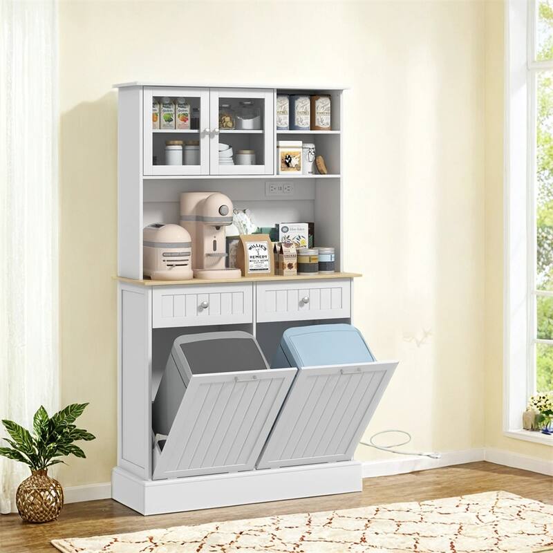 68" Kitchen Pantry Storage Cabinet w/Charging Station,Trash Cabinets