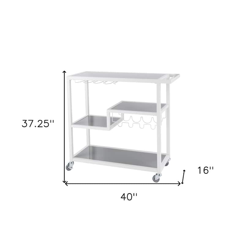 Rectangular Modern Grey-White Bar Cart with Wine Bottle Storage and 8 Glass Holders - 37.25"H x 40"W x 16"D