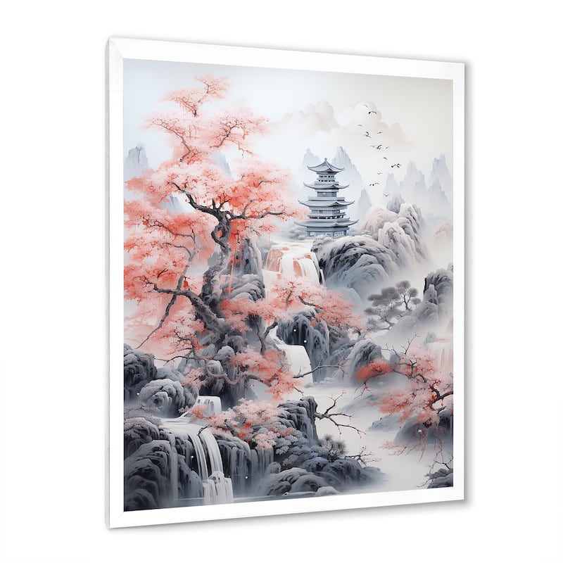 Designart "Minimalism Asian Pink Landscape" Asian Art Framed Wall Art Living Room