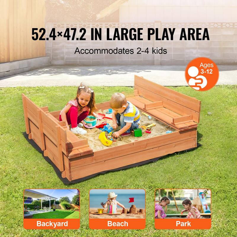 Natural Wooden Sandbox with Foldable Bench Seats and Bottom Liner Perfect Gift for Kids - 52.4” x 47.2” x 16.9”