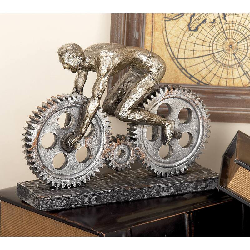 Polystone People Sculpture with Bike - Silver - Roche River Decor