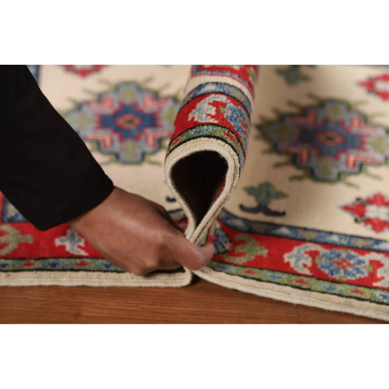 Ivory Geometric Kazak Oriental Foyer Rug Hand-Knotted Wool Carpet - 2'0"x 3'0"