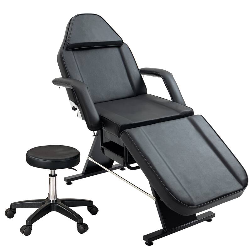 Massage Salon Tattoo Chair - 3-Section Adjustable Facial Bed with Two Trays & Hydraulic Stool, Multi-Purpose Spa Equipment - Black