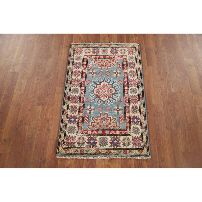 Light Blue Kazak Accent Rug Handmade Geometric Wool Carpet - 2'0" x 3'2"