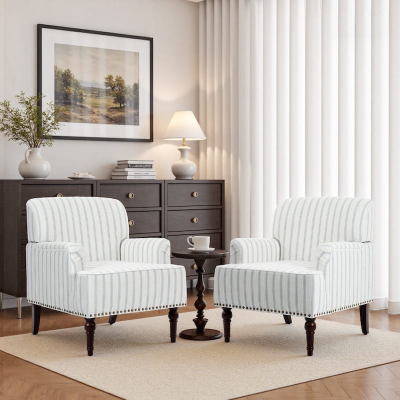 Set 2 Striped Upholstered Linen Armchair with Brass Nailhead Trim