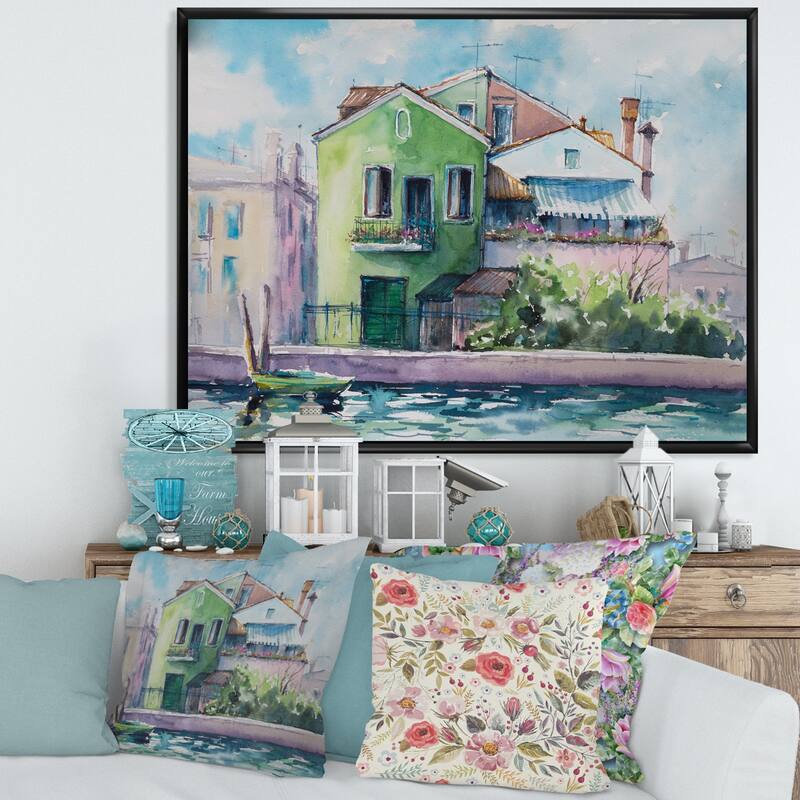 Designart "Sunny Day On The Waterfront On The Island" French Country Framed Canvas Wall Art Print - 32 in. wide x 16 in. high - Black