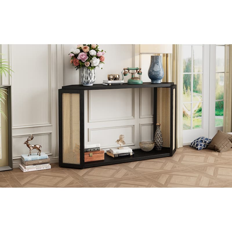Narrow Console Table with Unique Irregular Top Design - Black
