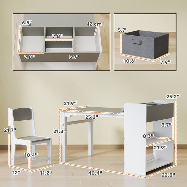 dimension image slide 1 of 2, Qaba Kids Desk and Chair Set with Paper Roll, Kids Art Table and Chairs Set with Storage Shelves, Activity Craft Table