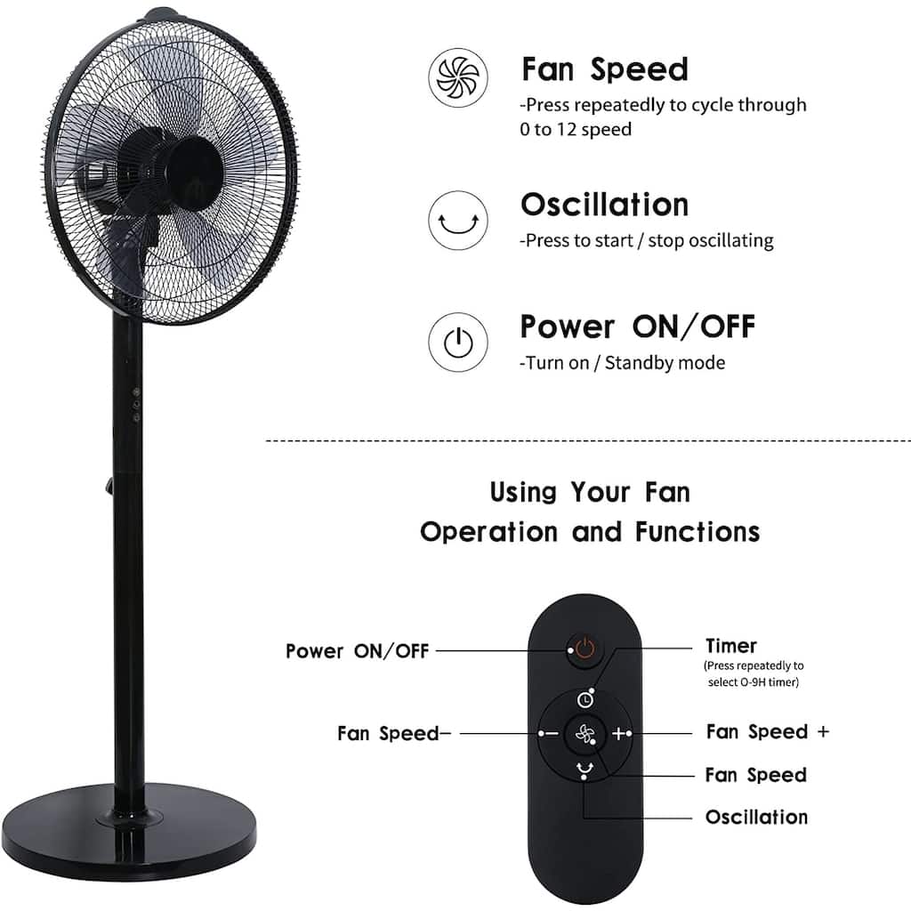 Black 14.5in Adjustable 12 Levels Speed Pedestal Stand Fan with Remote Control