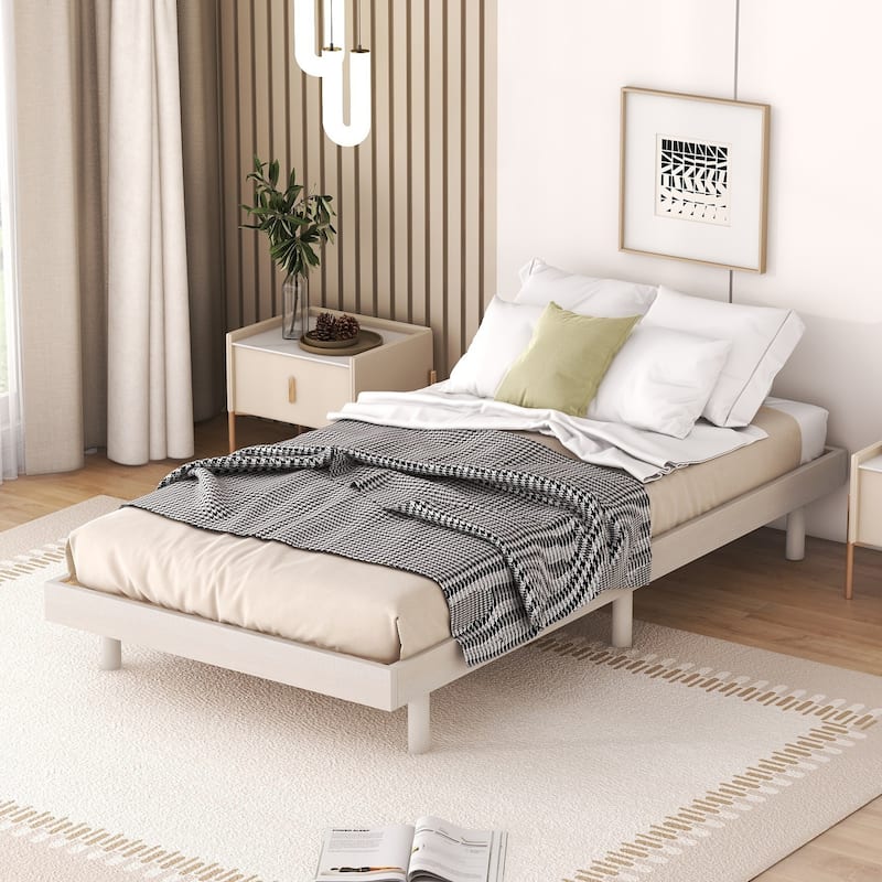 Modern Floating Platform Bed Frame Twin Size White Washed - Sturdy Wood Construction, Easy Assembly, No Box Spring Needed