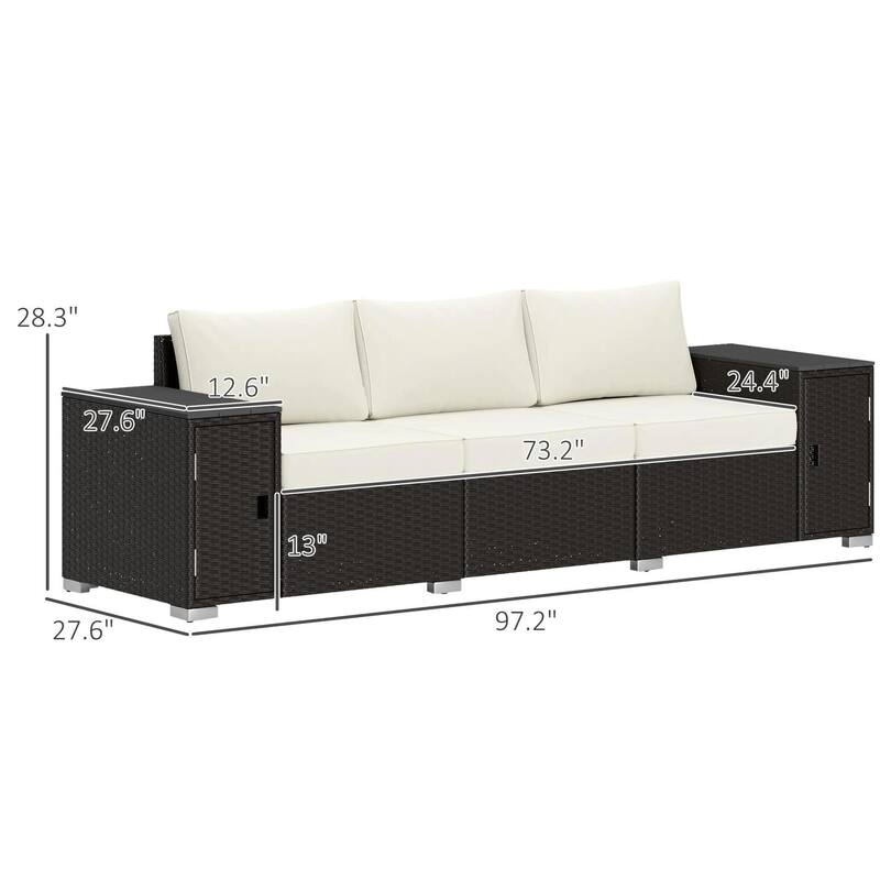 3 Seater Storage Sofa, Deep Seat Wide Armrests PE Rattan Patio, Cream