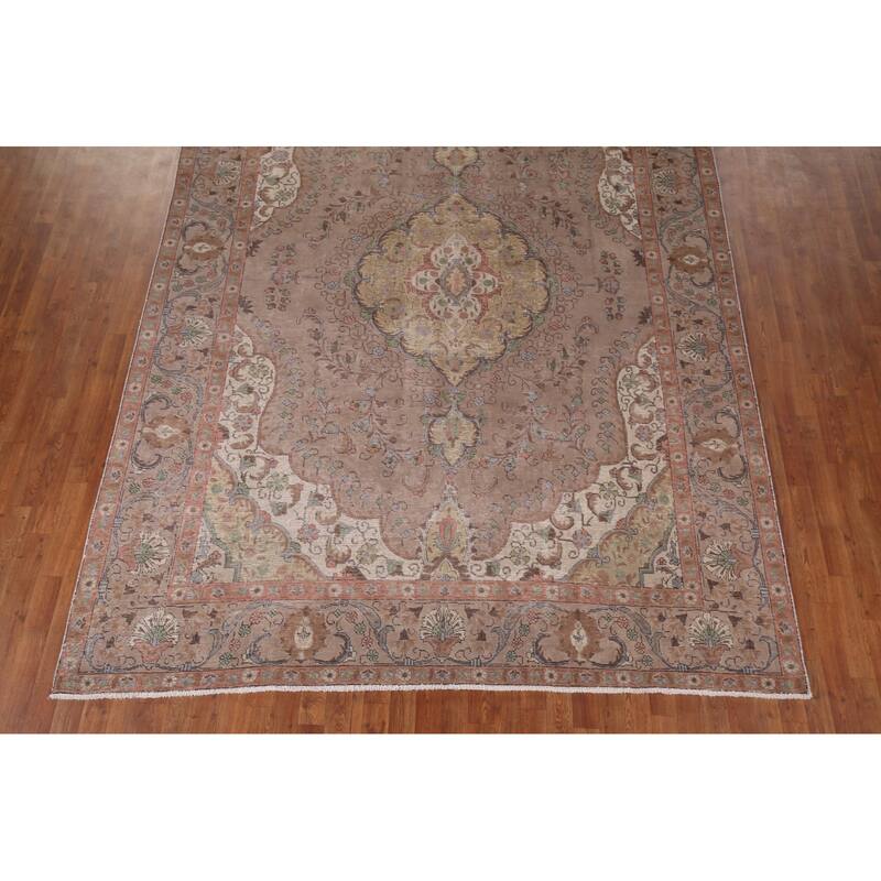 Brown Tabriz Persian Vintage Area Rug Hand-Knotted Wool Carpet - 8'0" x 10'11"