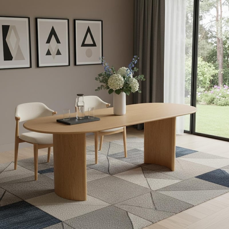 HomeRoots 79" Natural Solid Wood Double Pedestal Base Oval Dining Table - 79.00 in. x 30.00 in. x 33.50 in. - Natural - 79.00 in. x 30.00 in.  x 33.50 in.