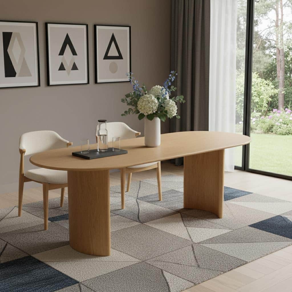 HomeRoots 79" Natural Solid Wood Double Pedestal Base Oval Dining Table - 79.00 in. x 30.00 in. x 33.50 in.